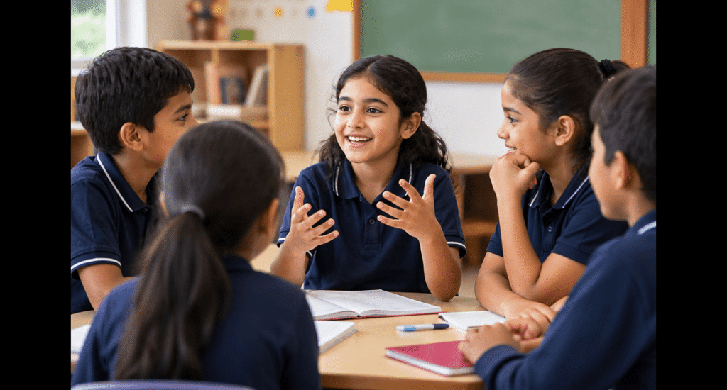 children developing communication skills in school classroom