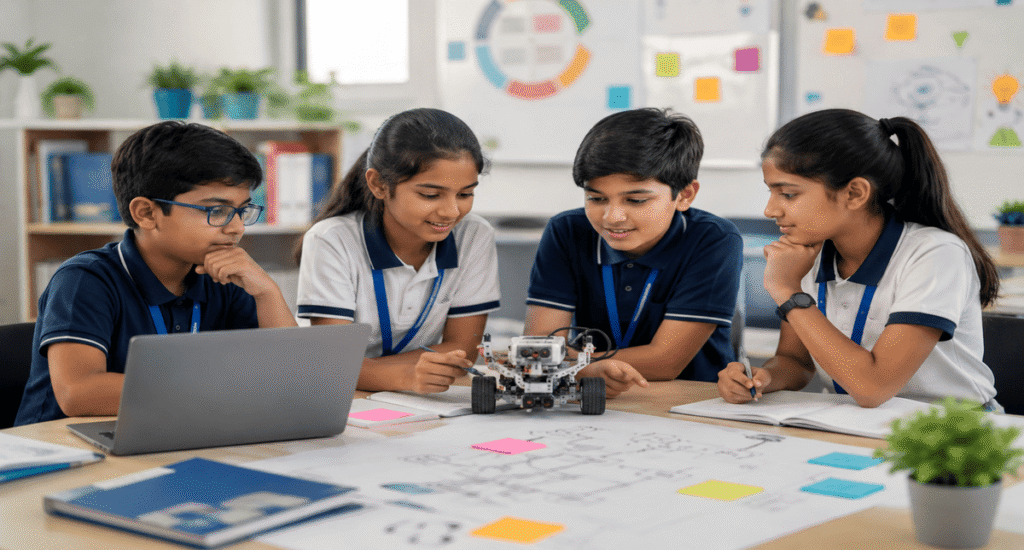 Developing problem-solving skills through modern education with students collaborating on a hands-on STEM learning project.