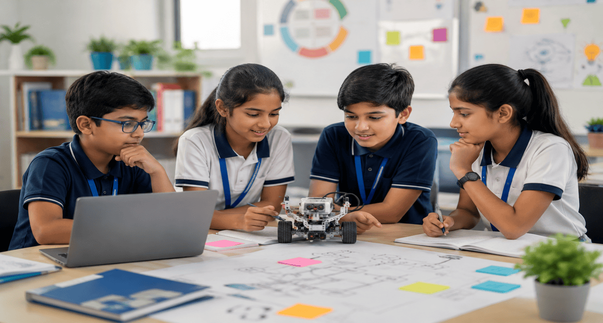 Developing problem-solving skills through modern education with students collaborating on a hands-on STEM learning project.