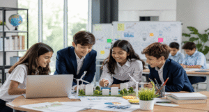 International schools students developing entrepreneurial skills through teamwork, innovation, and hands-on learning activities.