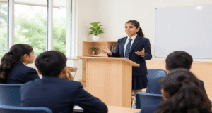Students developing public speaking skills at Ayana International School
