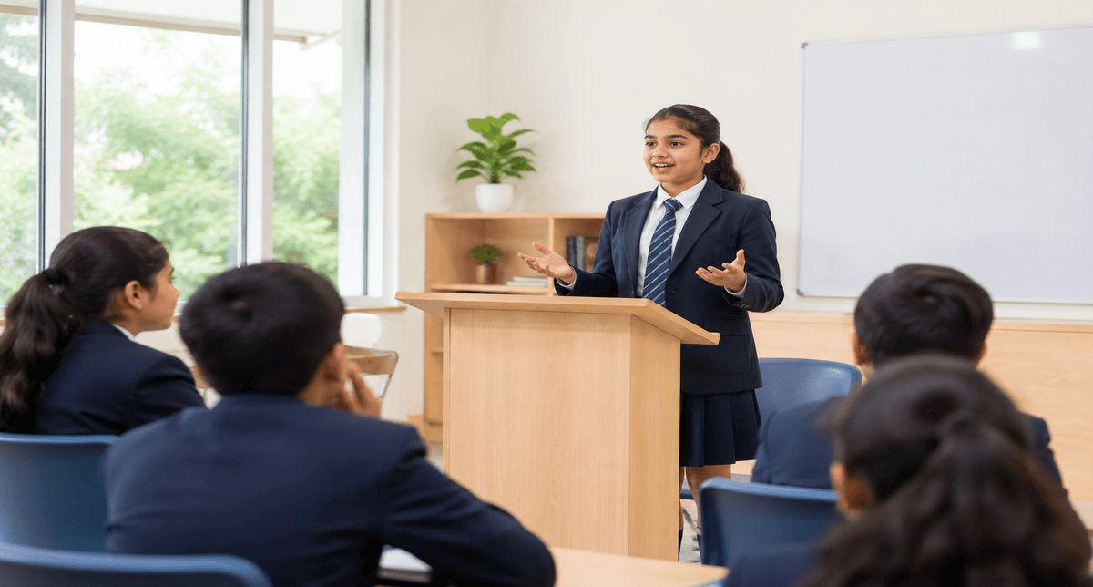 Students developing public speaking skills at Ayana International School