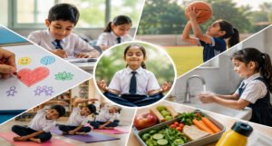 Students practicing healthy wellness activities as part of their daily school routine